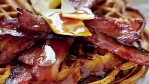 Butternut waffles with crispy bacon and Emmental