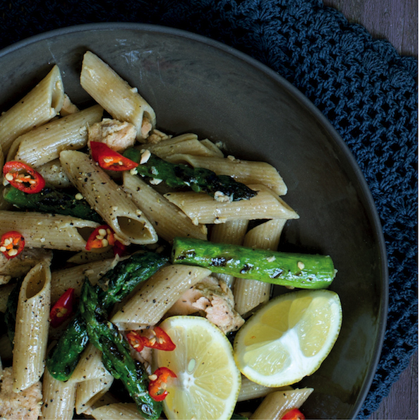 Asparagus and salmon with wholewheat penne