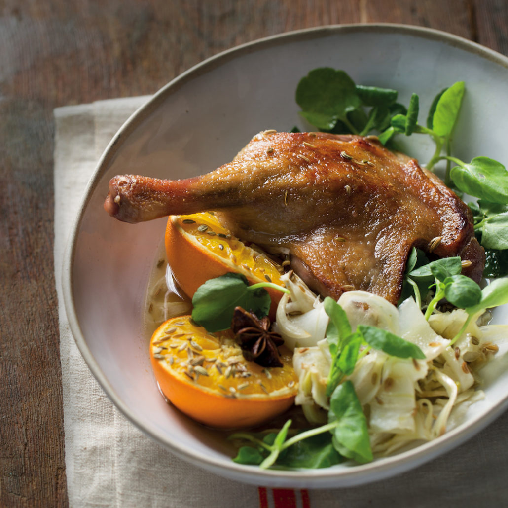 Duck leg with orange, fennel and watercress