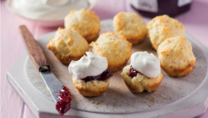 Mini drop scones with jam and cream
