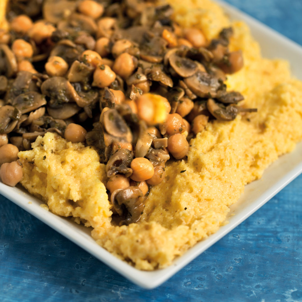 Polenta with chickpea and mushroom ragout