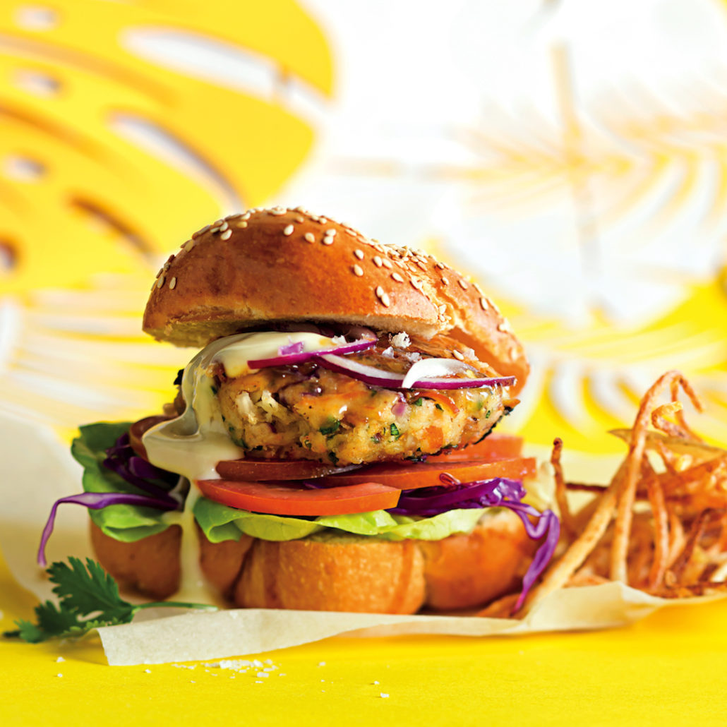 Apricot-glazed snoek burgers with shoestring fries