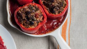 Red peppers stuffed with ostrich mince