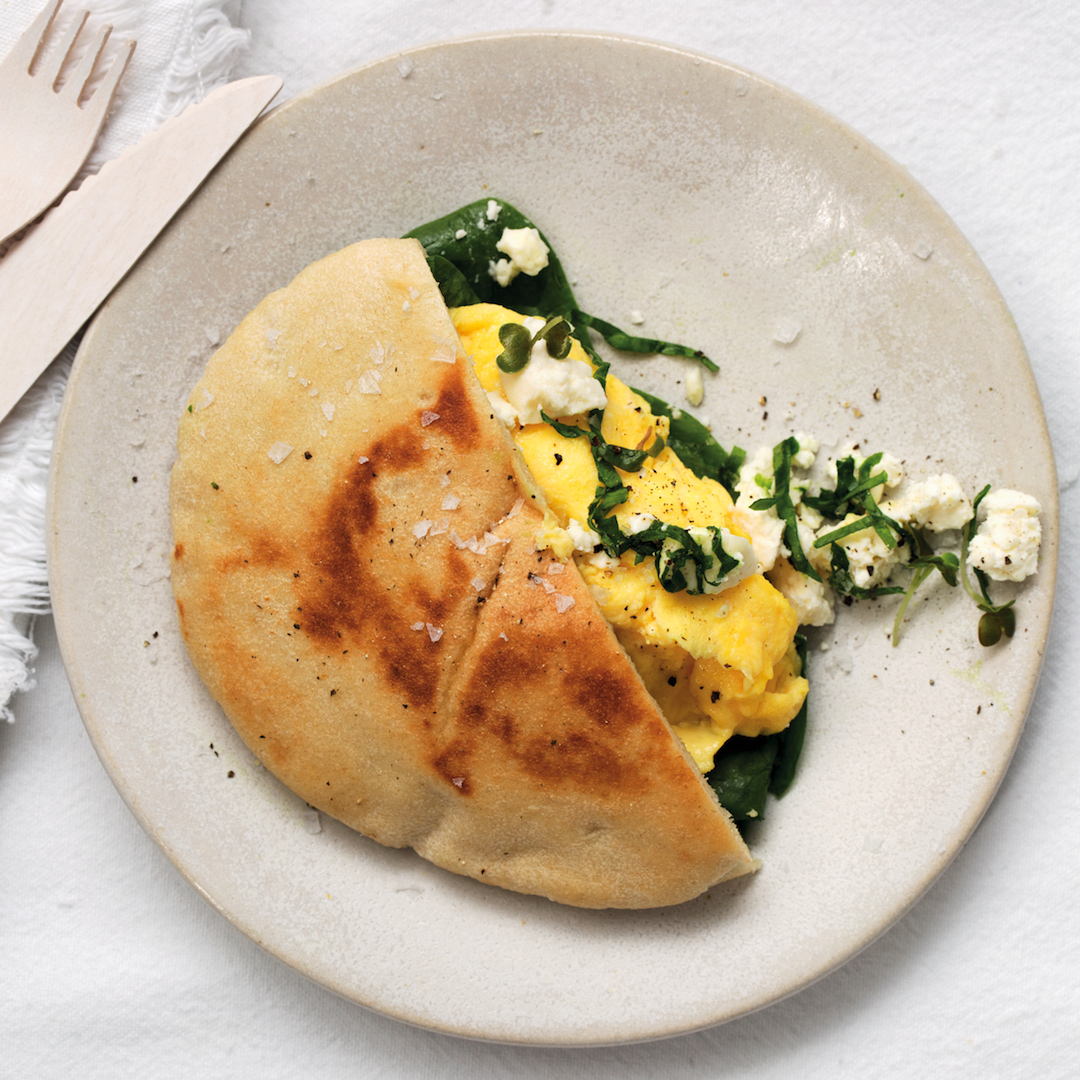 Pita With Scrambled Egg Spinach And Feta Mykitchen