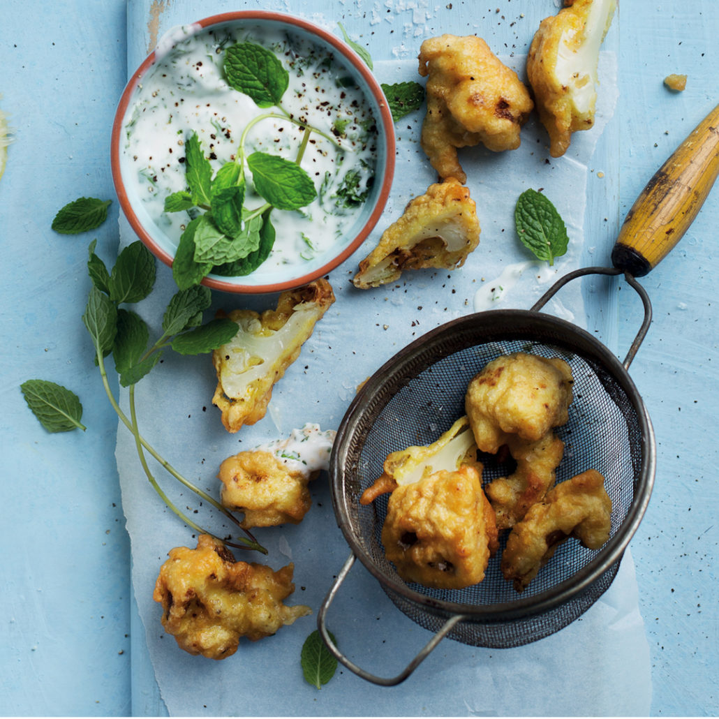 Beer-battered cauliflower fritters with yoghurt sauce