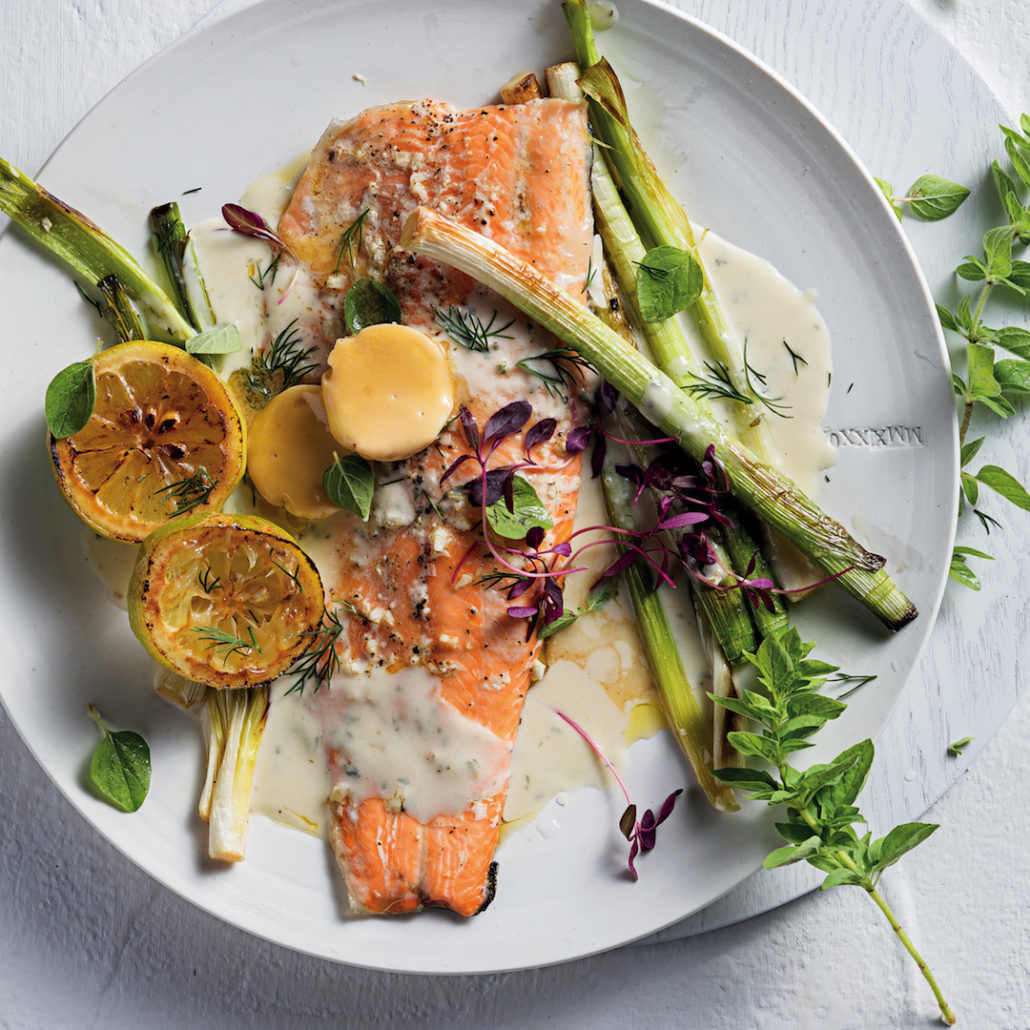 Roast salmon with red wine butter and leeks