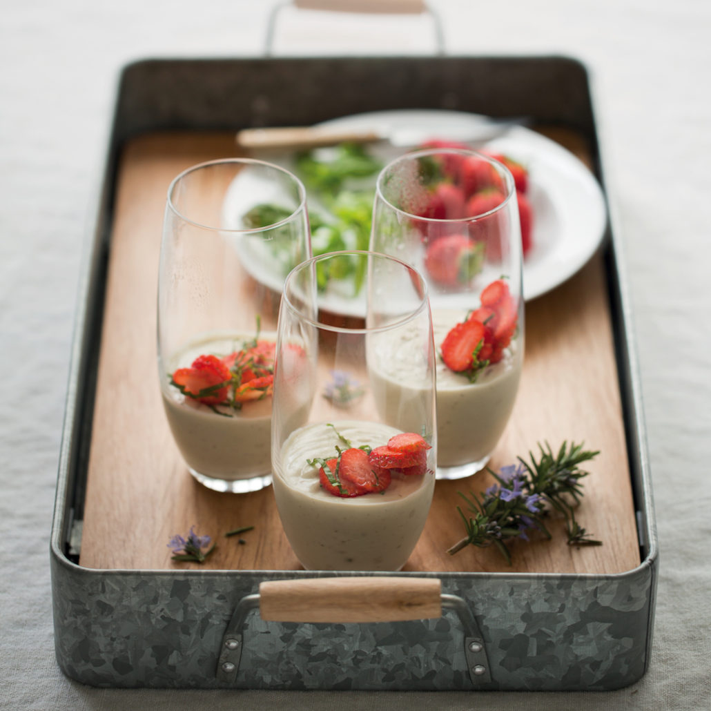 Rosemary-infused yoghurt mousse with strawberries and basil