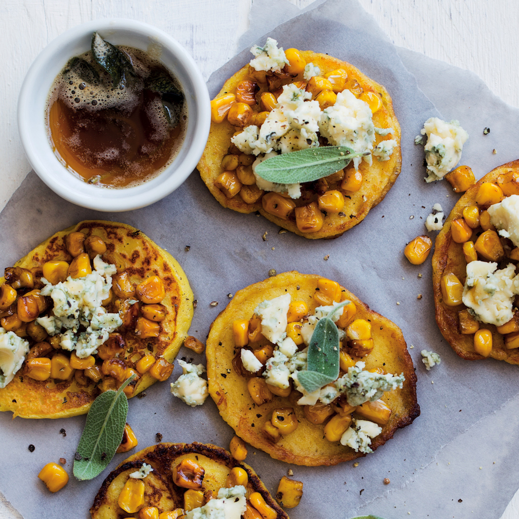 Gem squash blini with charred corn and sage butter
