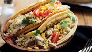 Shredded chicken and corn waffle tacos