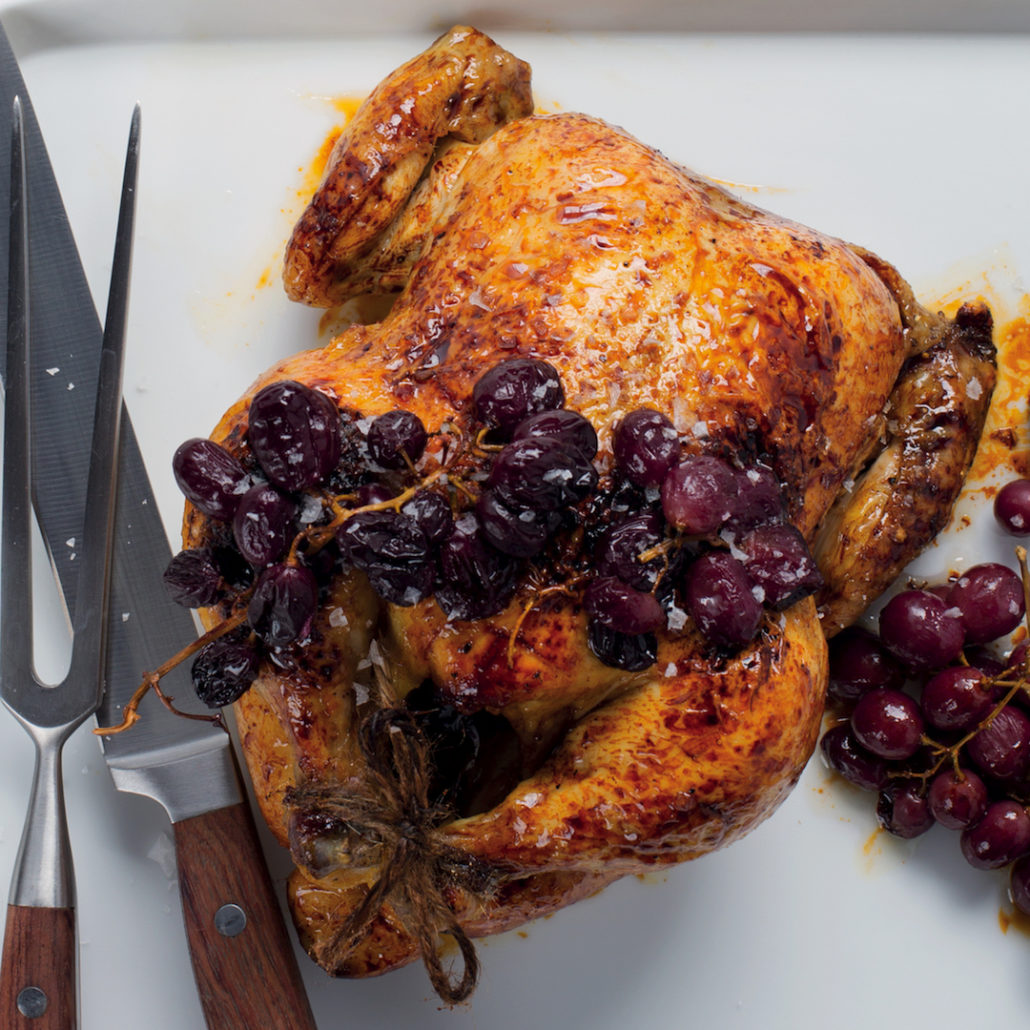 Perfect roast chicken with roast red grapes