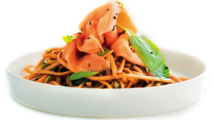 Smoked salmon noodle salad with balsamic dressing
