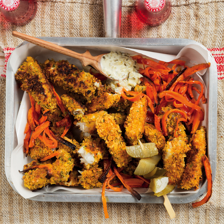 Cornflake-crusted fish fingers with carrot fries