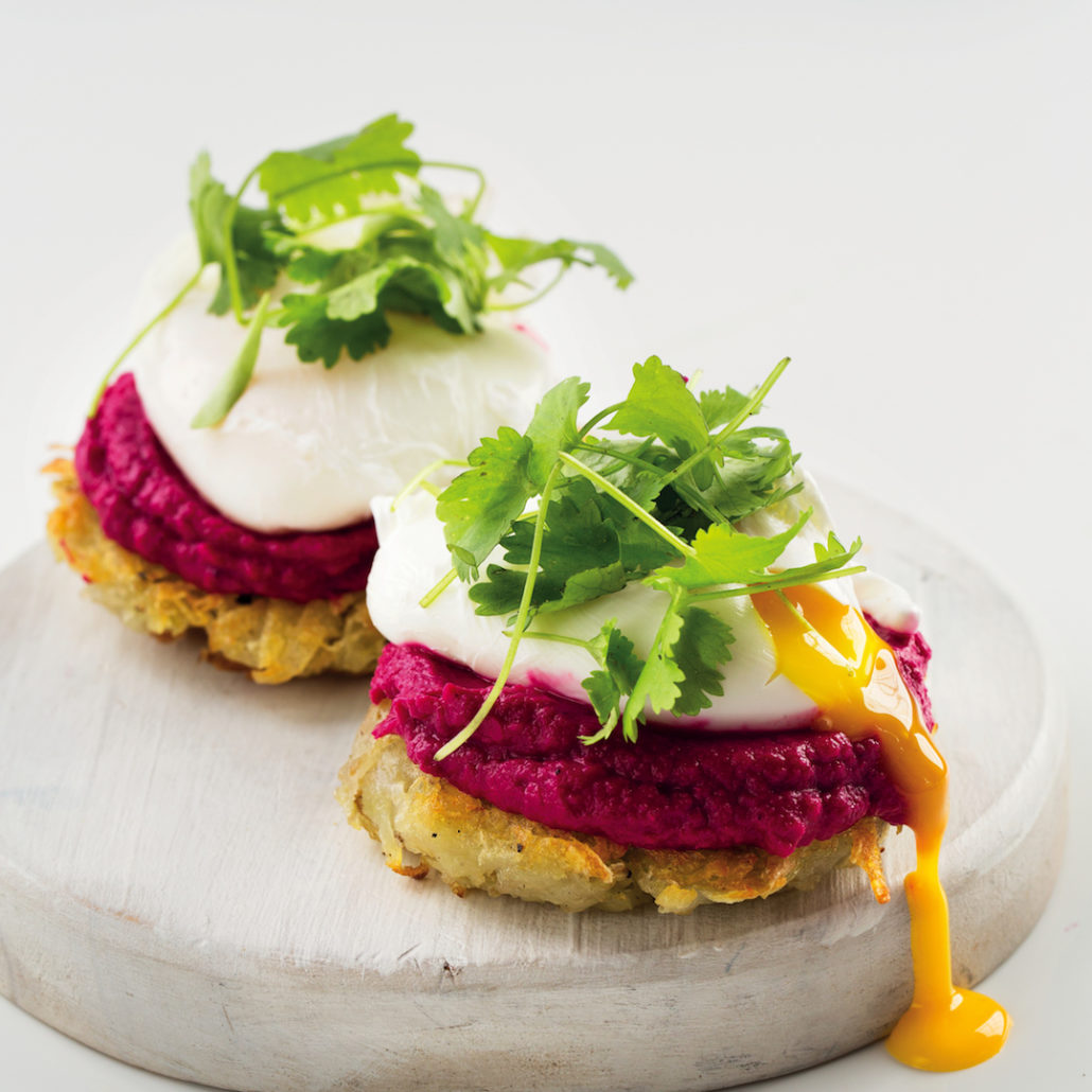 Poached eggs, potato fritters and beetroot-bean pate