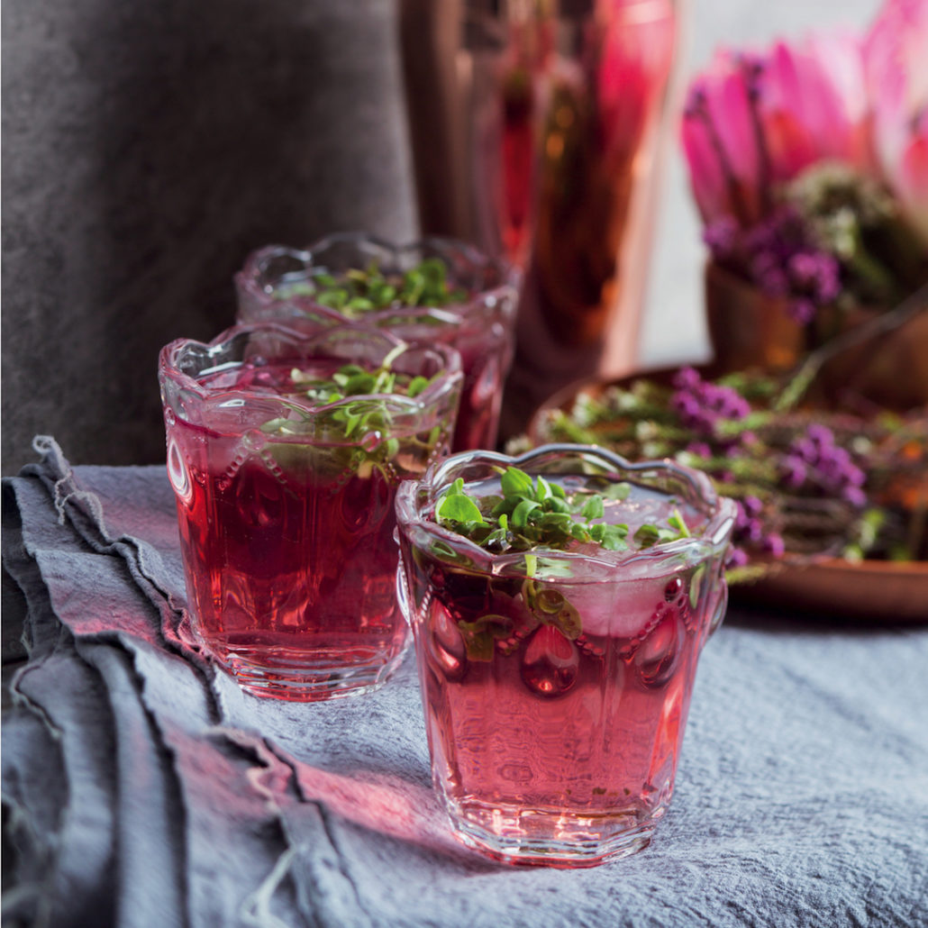 Rose, basil and cranberry cocktails