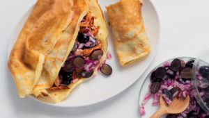 Savoury crepes with pulled chicken and grape salsa