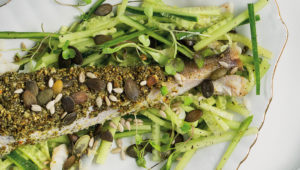 Seeded hake with cucumber salad