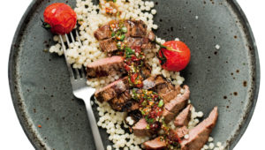 Ostrich steak salad with pearl couscous
