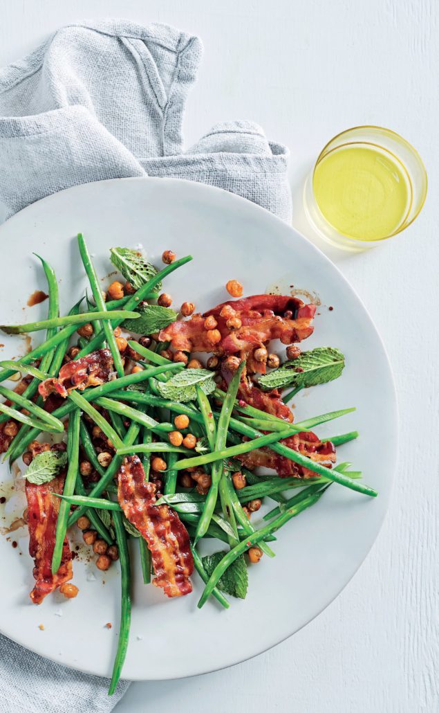 Green beans with crispy pancetta, roasted chickpeas and mint