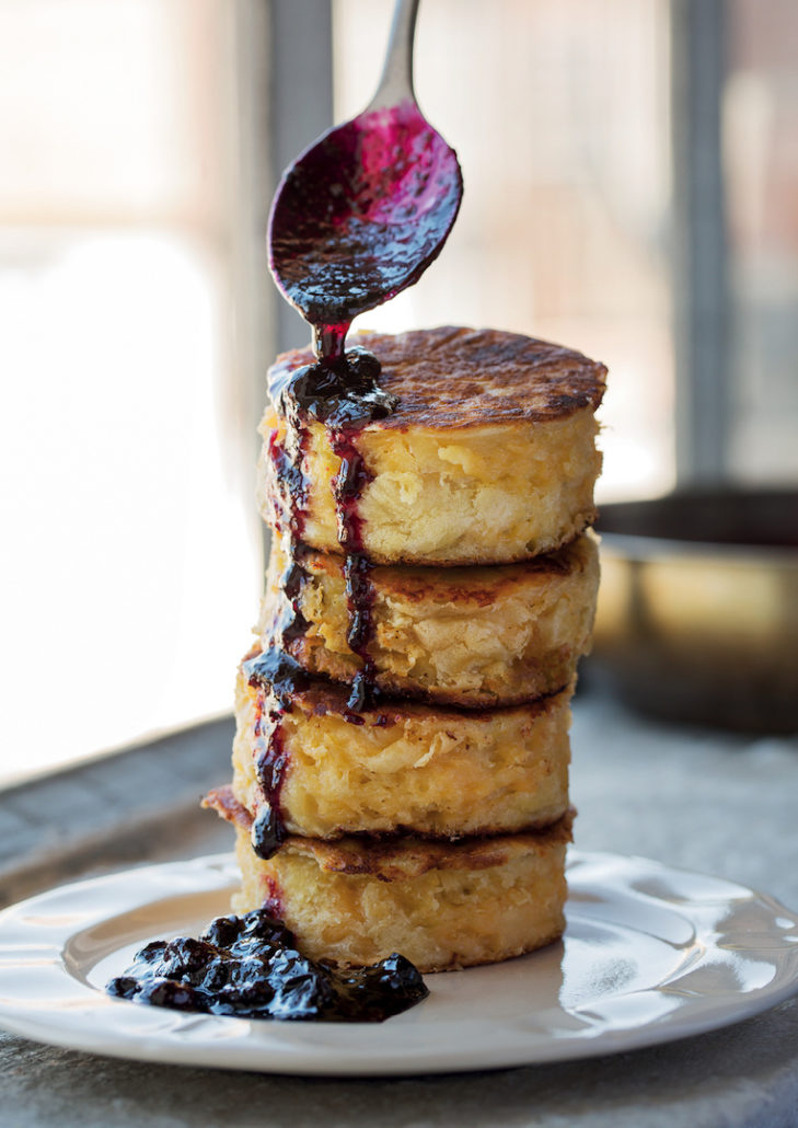 The fluffiest Cheddar crumpets ever, with baked blueberry jam