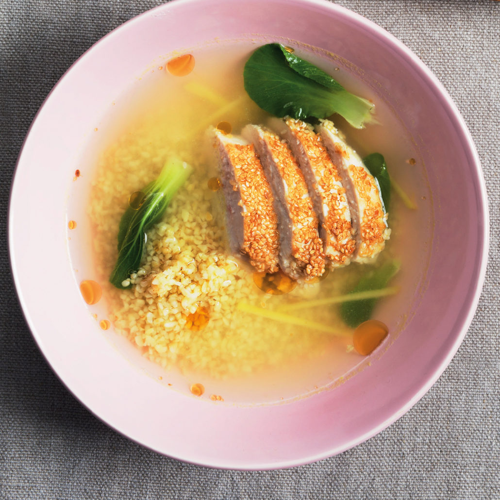 Chicken with bulgar wheat and lemongrass ginger broth
