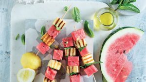 Watermelon and grilled halloumi skewers
