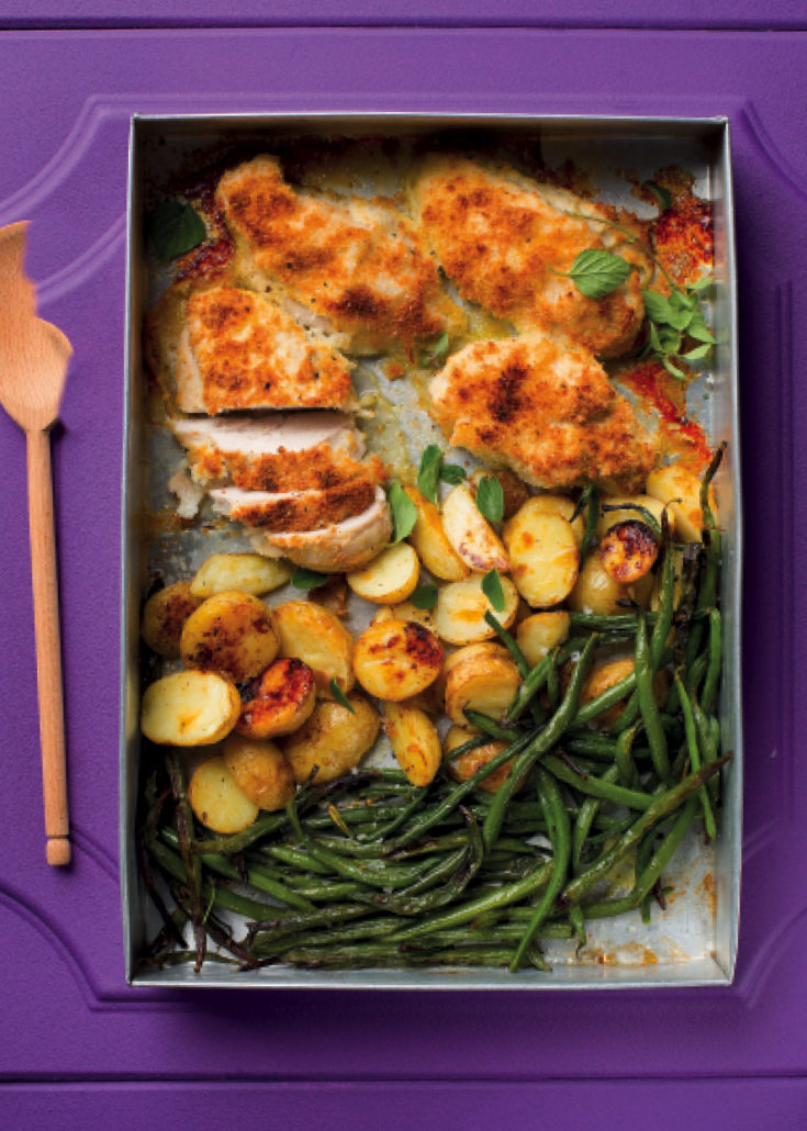 Coconut crusted chicken with baby potatoes and green beans