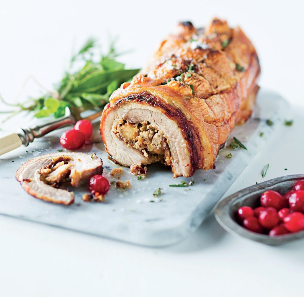 Pork belly with roasted hazelnut and cranberry stuffing.