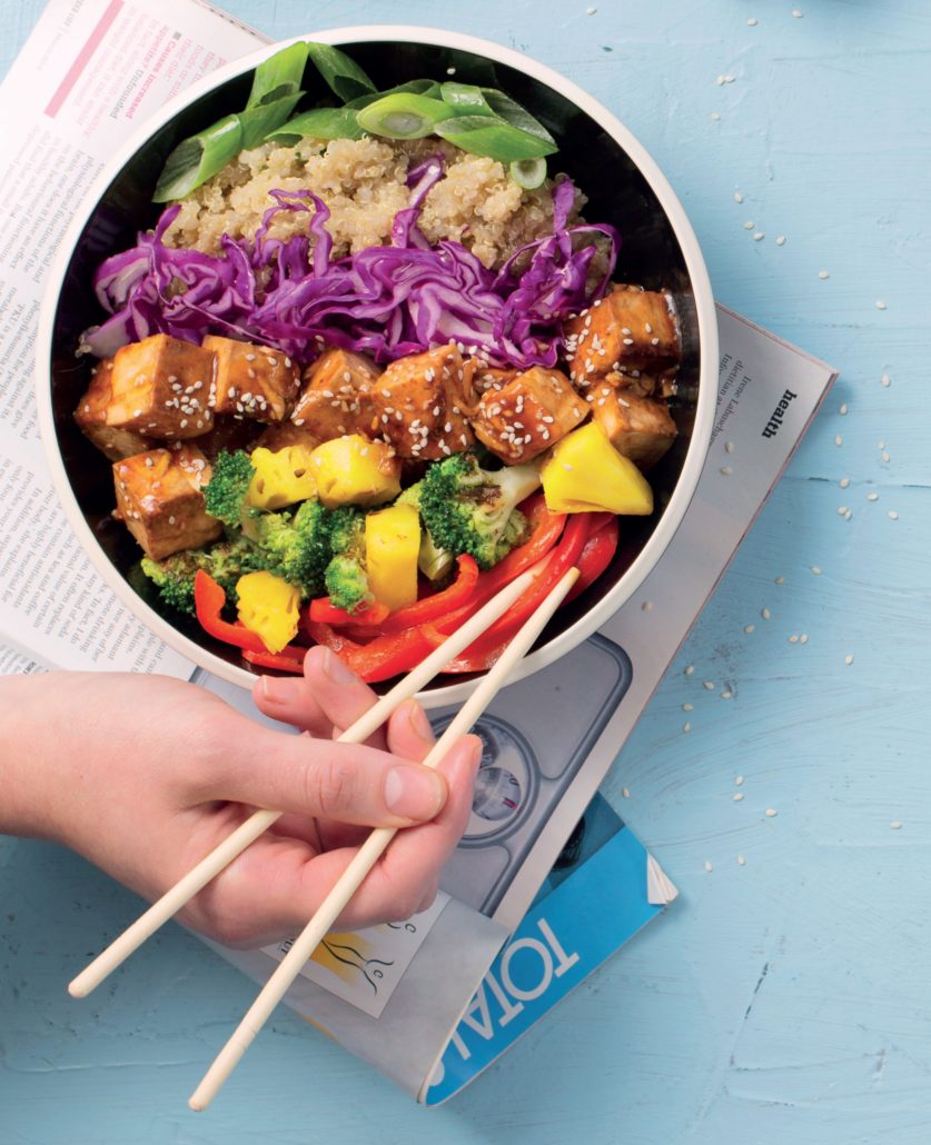 Korean barbeque tofu bowl with stir-fried veg and quinoa
