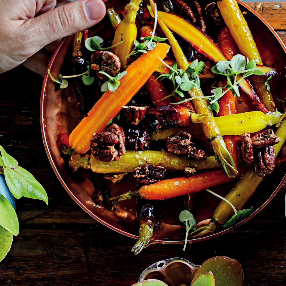 Marmalade-glazed carrots with candied pecans