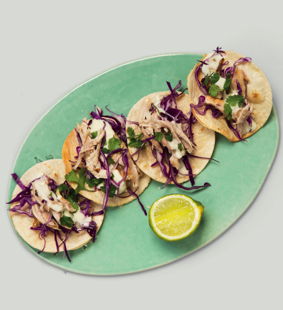 Open-pulled chicken tacos