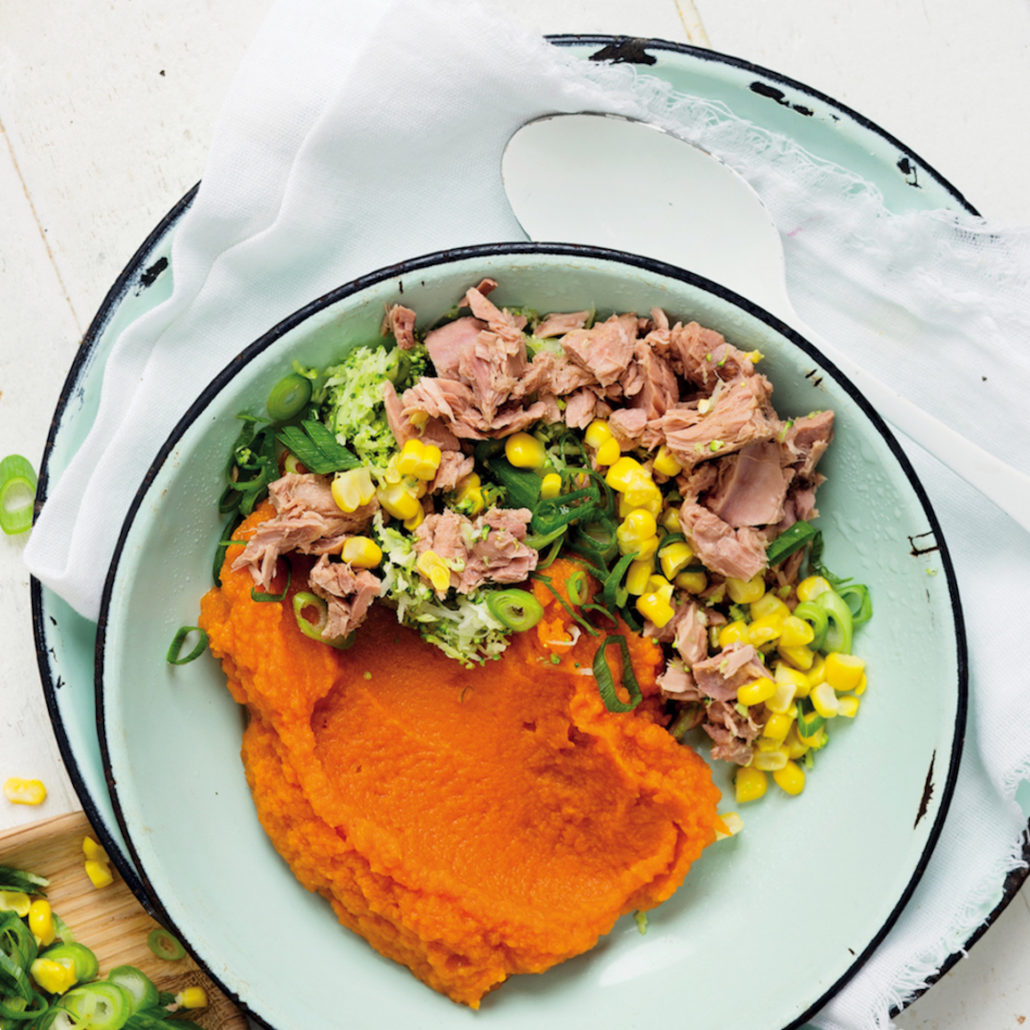 Sweet potato mash with tuna and broccoli-corn salsa