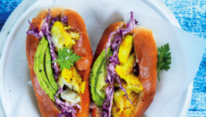 Pickled fish sub sandwiches with avocado