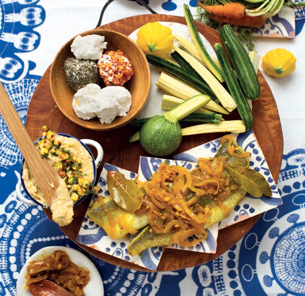 Pickled fish platter with corn pâté