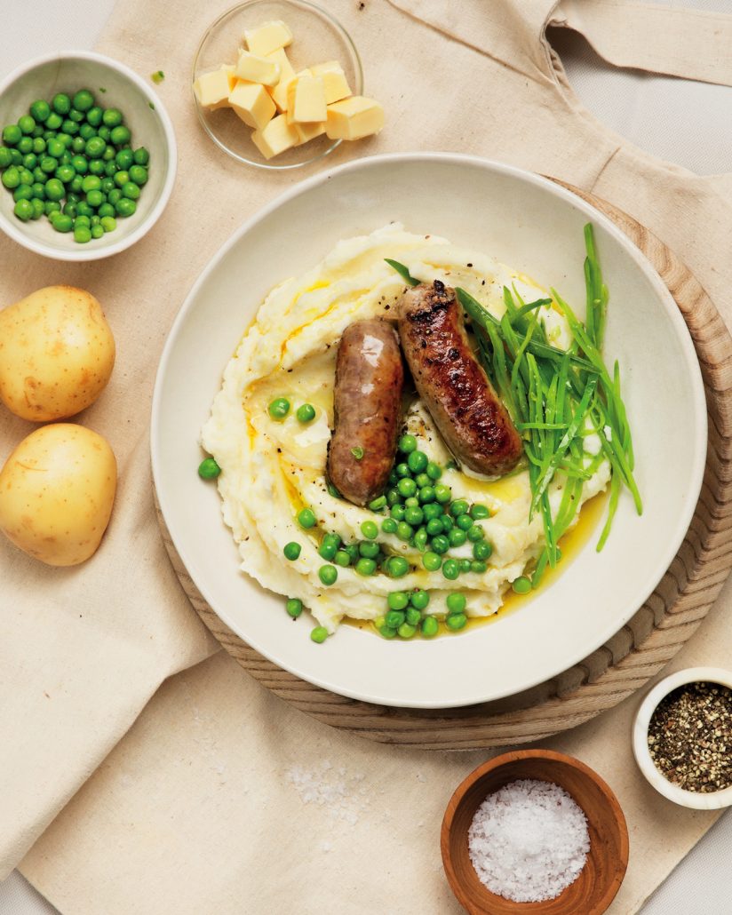 Bangers and mash with buttery peas