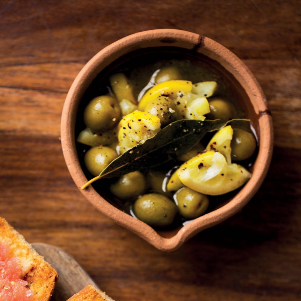 Zesty marinated green olives