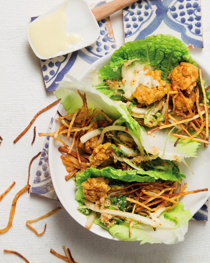Chickpea fritter and kimchi cabbage wraps