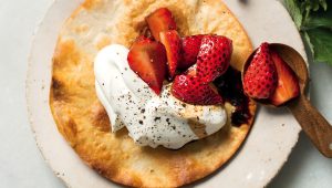 Tortillas with whipped feta and balsamic strawberries