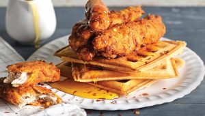 Fried chicken and waffles with salted syrup