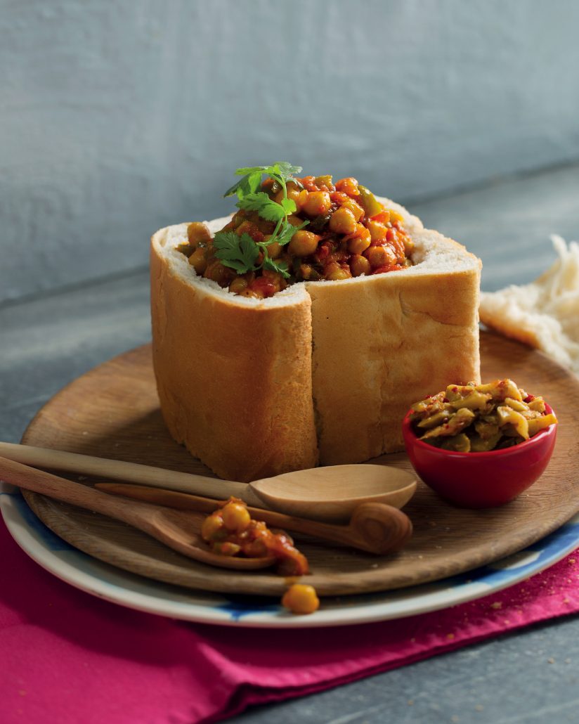Chickpea bunny chow with mango atchar