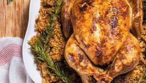 ​​Roasted chicken with bulgur wheat, date and rosemary stuffing